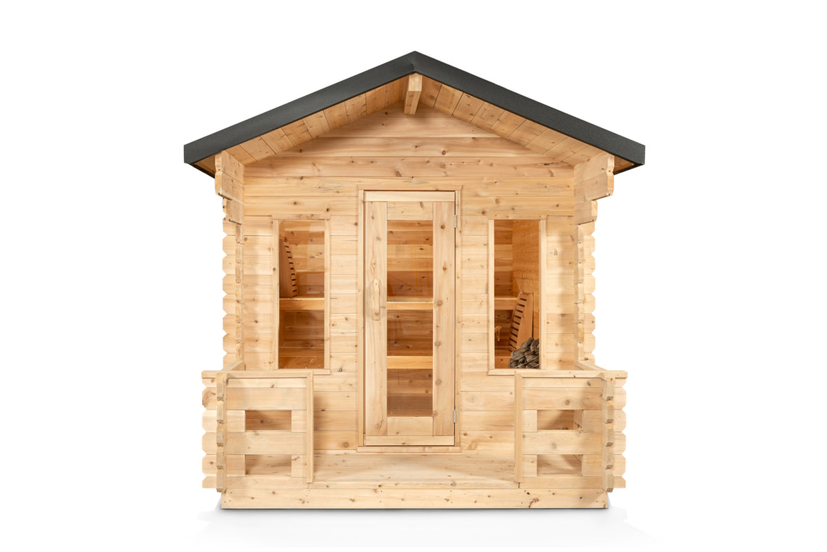 Front view of the Dundalk CT Georgian 6-Person Cabin Sauna with Porch with porch railing