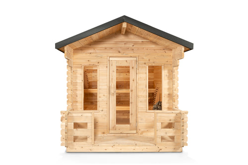Front view of the Dundalk CT Georgian 6-Person Cabin Sauna with Porch with porch railing