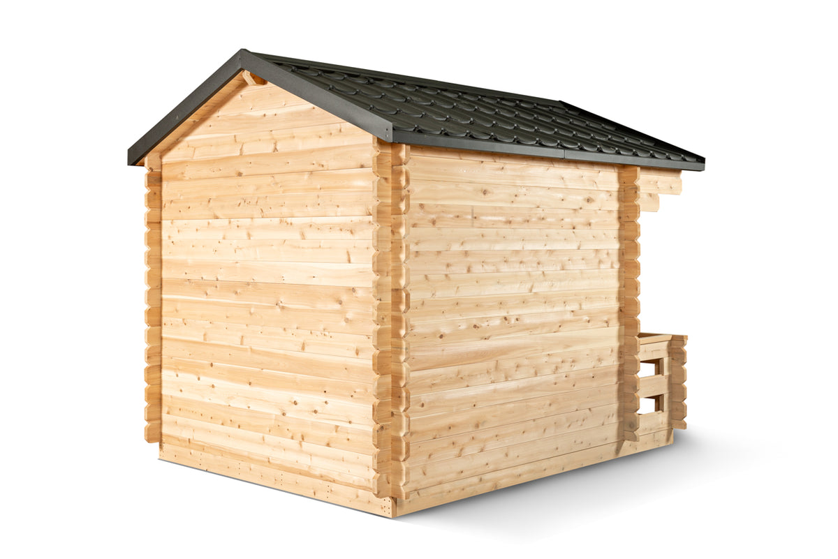 Side view of the Dundalk CT Georgian 6-Person Cabin Sauna with Porch