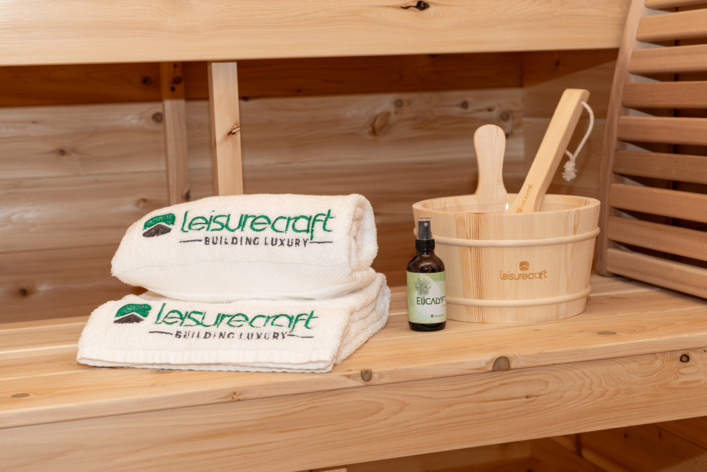 Sauna accessories on the bench in the Dundalk CT Georgian 6-Person Cabin Sauna with Porch