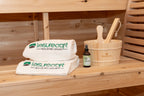 Sauna accessories on the bench in the Dundalk CT Georgian 6-Person Cabin Sauna with Porch