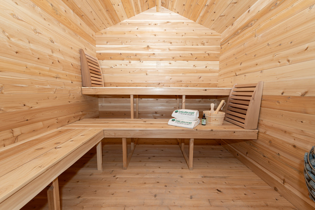 Interior of the Dundalk CT Georgian 6-Person Cabin Sauna with Porch with benches and ceiling