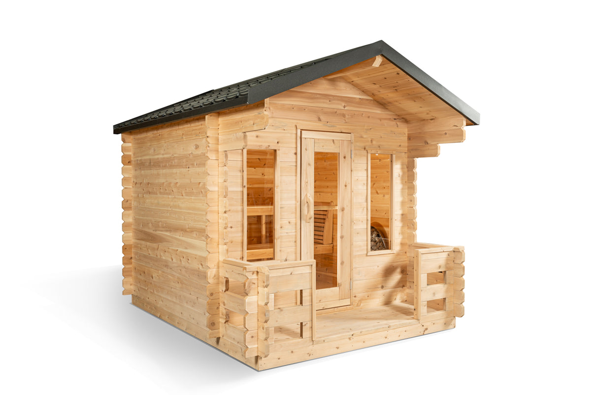 Angled front view of the Dundalk CT Georgian 6-Person Cabin Sauna with Porch with porch