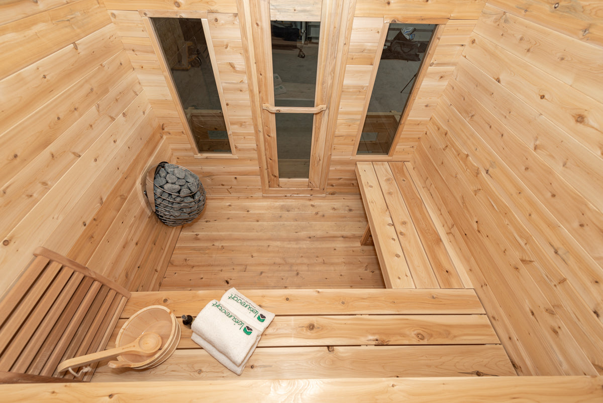 Corner benches and narrow windows inside the Dundalk CT Georgian 6-Person Cabin Sauna with Porch