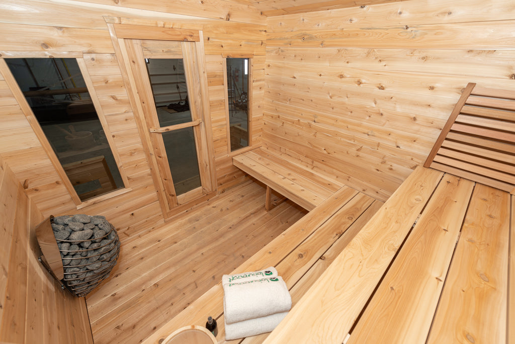 Interior of the Dundalk CT Georgian 6-Person Cabin Sauna with Porch with benches and window