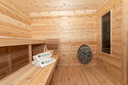 Benches with towels inside the Dundalk CT Georgian 6-Person Cabin Sauna with Porch