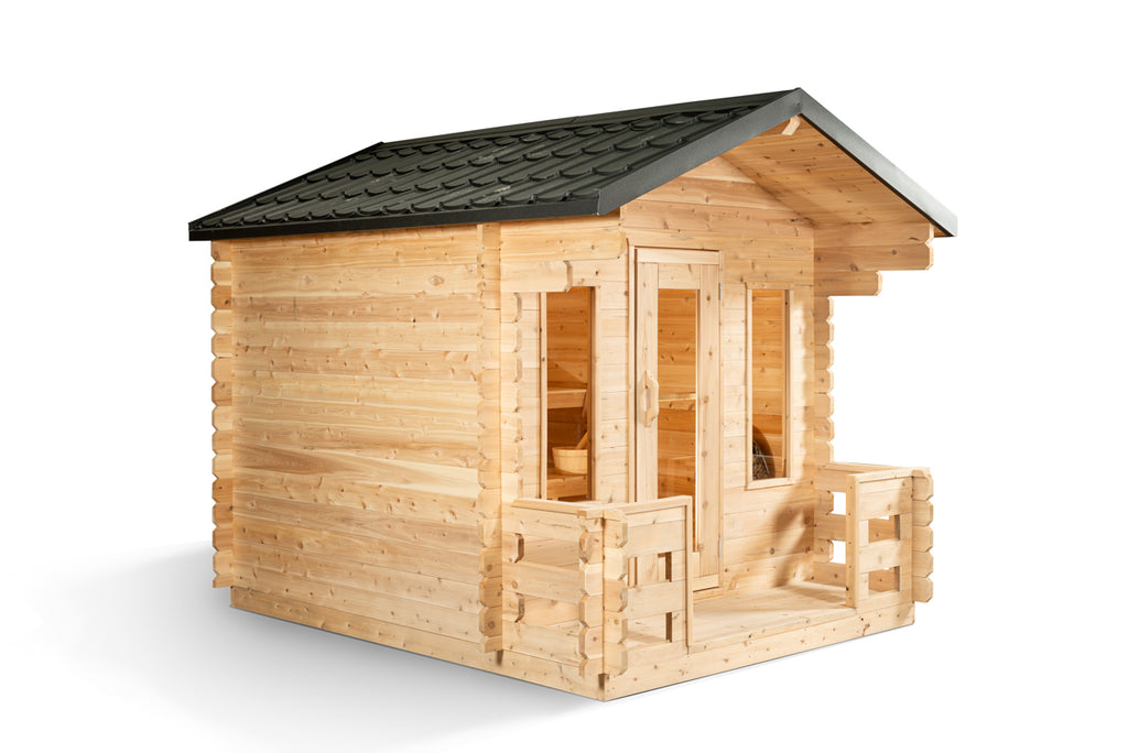 Angled left view of the Dundalk CT Georgian 6-Person Cabin Sauna with Porch with porch