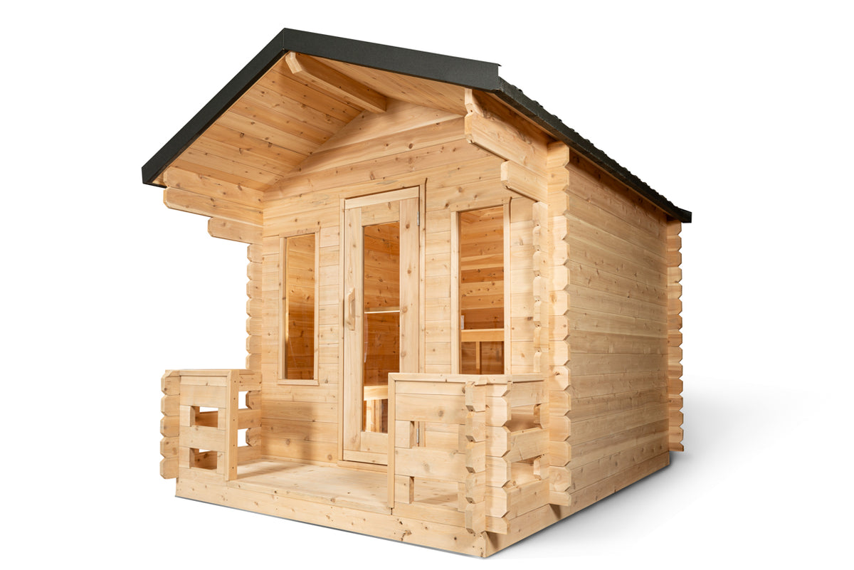 Front angled view of the Dundalk CT Georgian 6-Person Cabin Sauna with Porch with porch