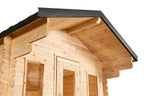 Roof and door corner detail on the Dundalk CT Georgian 6-Person Cabin Sauna with Porch