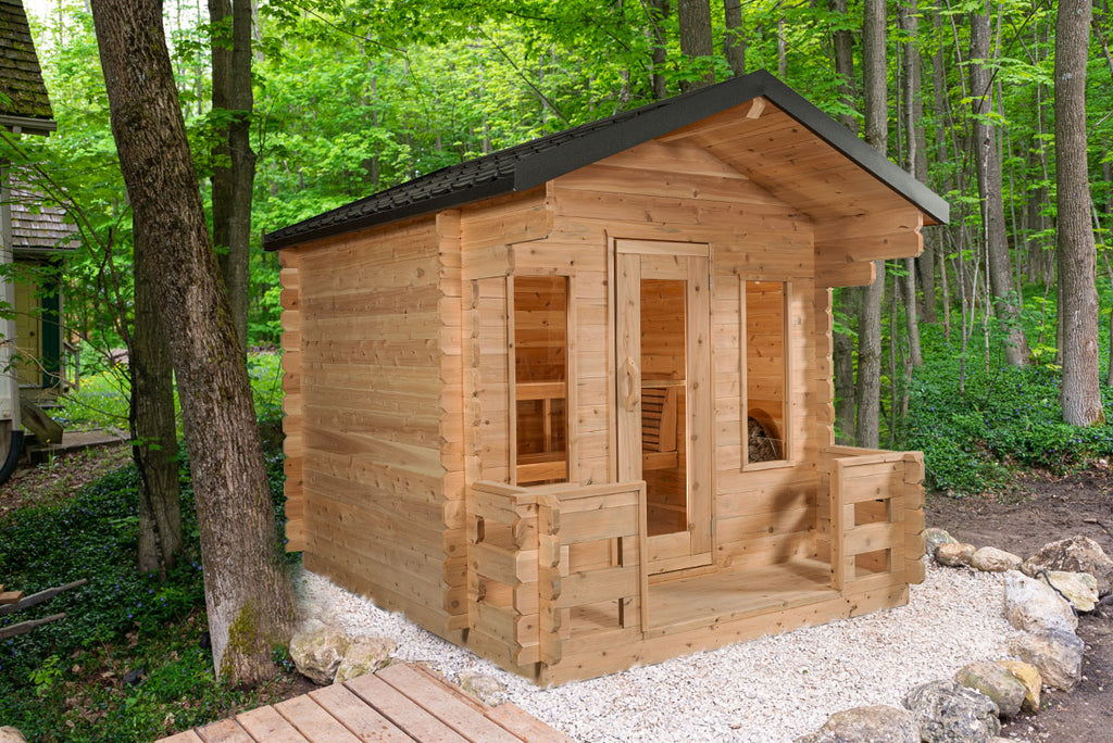 Dundalk CT Georgian 6-Person Cabin Sauna with Porch in a woodland setting