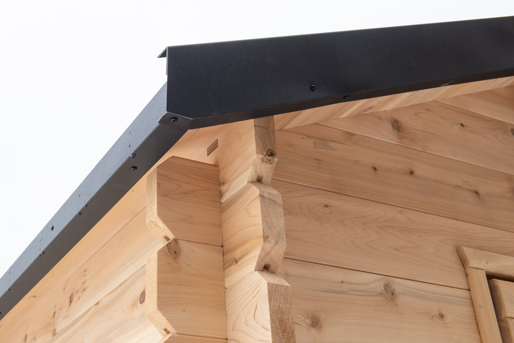 Roof corner and log detail on the Dundalk CT Granby 3-Person Outdoor Cabin Sauna