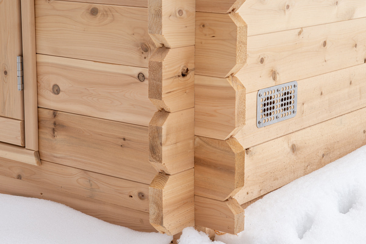 Corner and wall detail on the Dundalk CT Granby 3-Person Outdoor Cabin Sauna