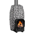 Huum Hive Flow 9.8kW wood-burning sauna stove with sauna stones and tall flue pipe, front view