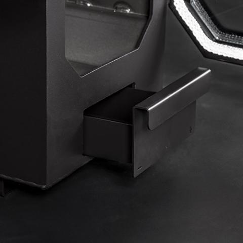 Close-up of the ash drawer on the Huum Hive Flow 9.8kW wood-burning sauna stove