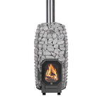 Huum Hive Flow Mini 8.5kW wood-burning sauna stove with stacked sauna stones, chimney pipe and fire burning