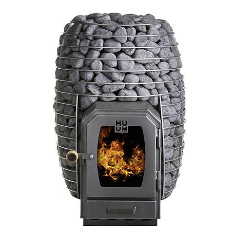 Huum Hive Wood 17kW wood-burning sauna stove with stacked sauna stones and fire burning behind the glass door