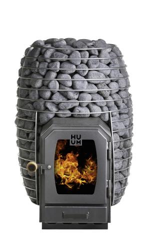 Huum Hive Wood LS 17kW wood-burning sauna stove with firebox extension, stacked sauna stones and fire burning