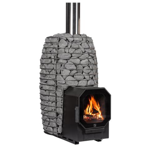 Huum Hive Flow LS 9.8kW wood-burning sauna stove with firebox extension, stacked sauna stones and fire burning