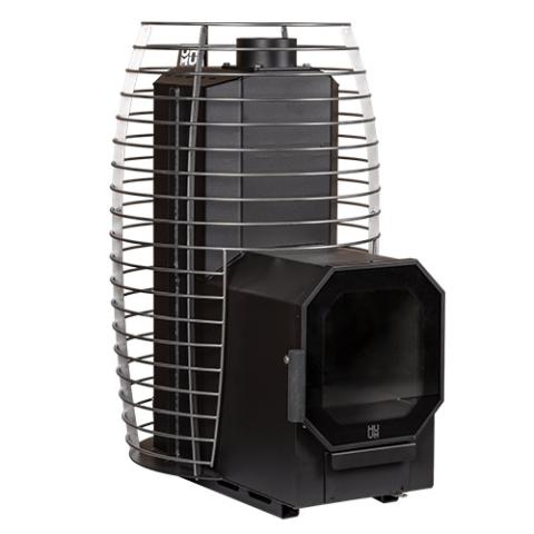 Huum Hive Flow LS 9.8kW wood-burning sauna stove with firebox extension and stainless steel stone cage