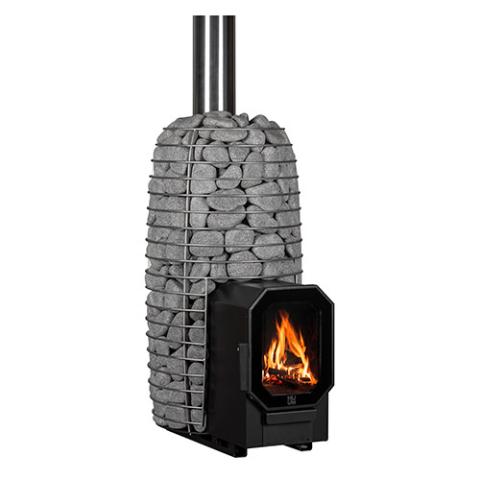 Huum Hive Flow Mini LS 8.5kW wood-burning sauna stove with firebox extension, stacked sauna stones and fire burning