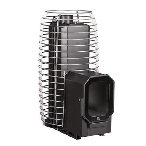 Huum Hive Flow Mini LS 8.5kW wood-burning sauna stove with firebox extension and stainless steel stone cage
