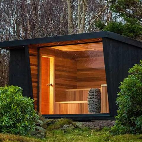 Outdoor sauna cabin with Huum Hive Mini 9kW Sauna Heater inside