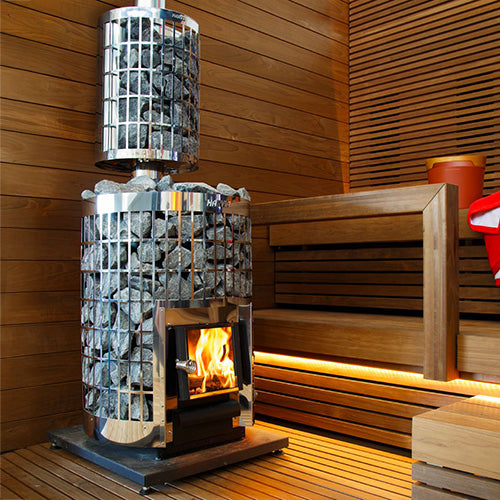 Harvia Cilindro 16 16kW Wood-Burning Sauna Stove with stainless steel stone cage in a sauna