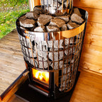 Top view of the stone cage filled with sauna stones on the Harvia Cilindro 16 16kW Wood-Burning Sauna Stove