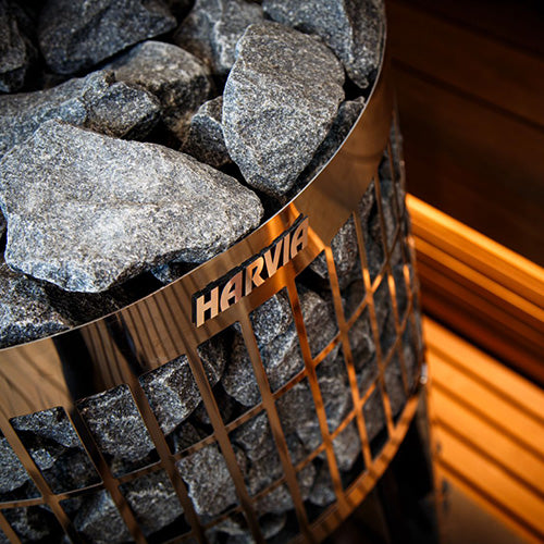 Close-up of the Harvia logo on the stone cage of the Harvia Cilindro 20 17kW Wood-Burning Sauna Stove