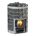 Harvia Cilindro 20 17kW wood burning sauna stove with stainless steel stone cage and fire burning