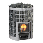 Harvia Cilindro 20 17kW wood burning sauna stove with stainless steel stone cage and fire burning