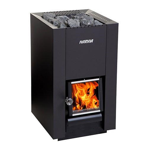 Front view of the Harvia Linear 18 Compact 14.3kW Wood-Burning Sauna Stove with fire burning and sauna stones