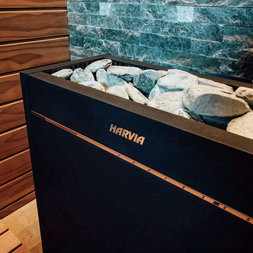 Close-up of the Harvia logo and sauna stones on the Harvia Virta Pro HL200E 20kW Sauna Heater