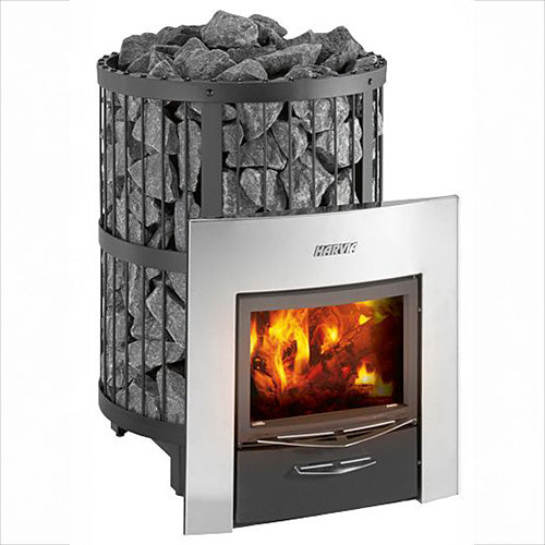 Harvia Legend 240 Duo 21kW Wood-Burning Sauna Stove and Fireplace with stainless steel fireplace-style door and fire burning