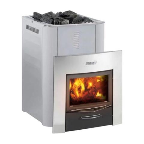Harvia Pro 36 Duo 31kW Wood-Burning Sauna Stove and Fireplace front view with fireplace door and fire burning