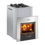 Harvia Pro 36 Duo 31kW Wood-Burning Sauna Stove and Fireplace front view with fireplace door and fire burning