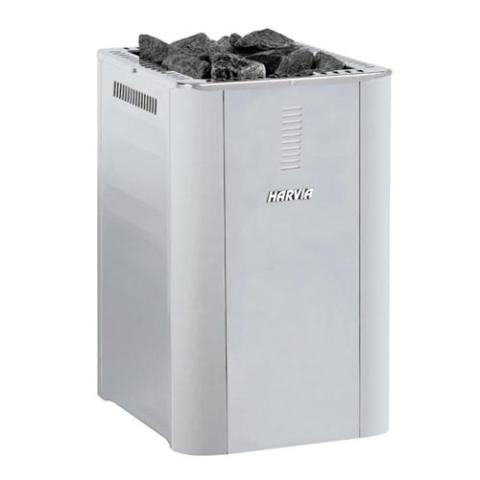 Sauna side of the Harvia Pro 36 Duo 31kW Wood-Burning Sauna Stove and Fireplace with stainless steel panels and sauna stones