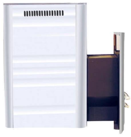 Side view of the Harvia Pro 36 Duo 31kW Wood-Burning Sauna Stove and Fireplace with stainless steel panels