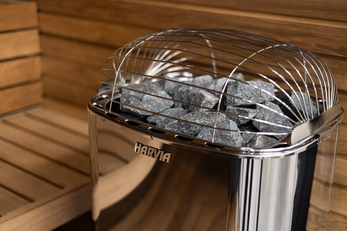 Close-up of the Harvia logo on the Harvia Club K12.5G 12.5kW electric sauna heater