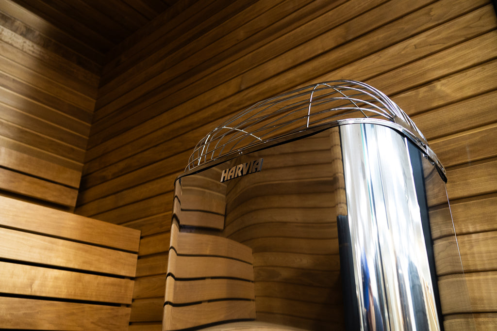 Close-up of the stainless steel body of the Harvia Club K15G 15kW electric sauna heater