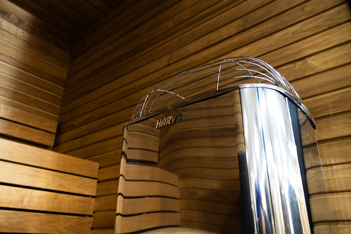 Close-up of the stainless steel body of the Harvia Club K12.5G 12.5kW electric sauna heater