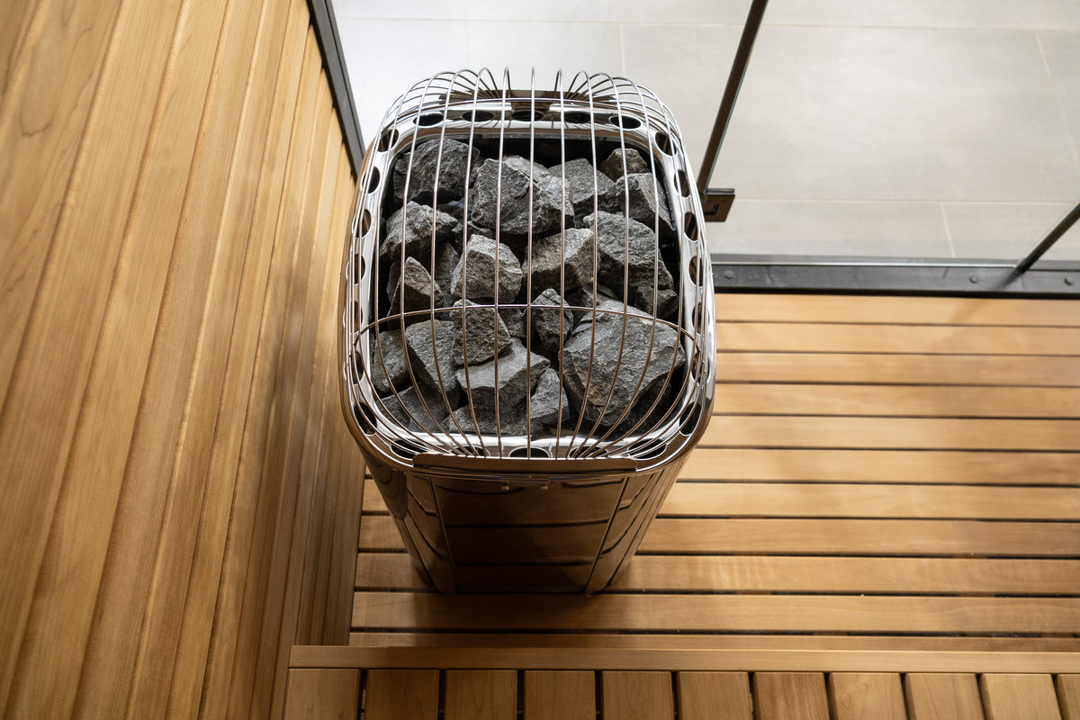 Top angle view of the Harvia Club K10G 10kW Sauna Heater with sauna stones