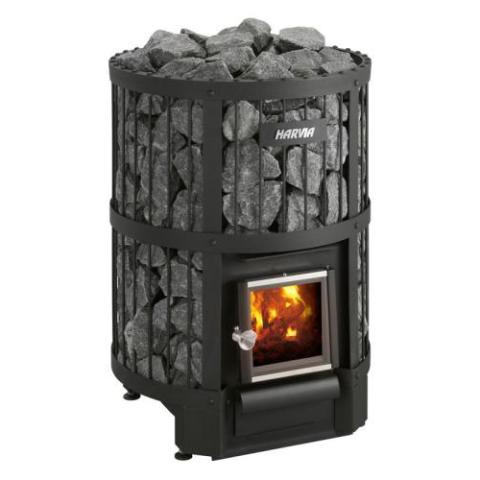 Front view of the Harvia Legend 150 SL 16kW Wood-Burning Sauna Stove with Exterior Feed, with sauna stones