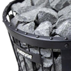 Close-up of the Harvia logo and sauna stones on the Harvia Legend 240 GreenFlame 15.9kW Wood-Burning Sauna Stove