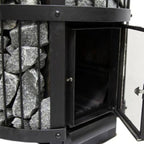 Close-up of the open door and stone-filled cage on the Harvia Legend 240 GreenFlame 15.9kW Wood-Burning Sauna Stove