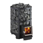 Front view of the Harvia Legend 240 SL 21kW Wood-Burning Sauna Stove with Exterior Feed, fire burning