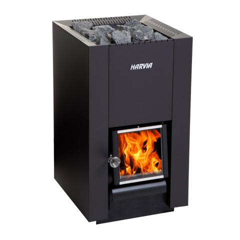Front view of the Harvia Linear 16 17.9kW Wood-Burning Sauna Stove with fire burning