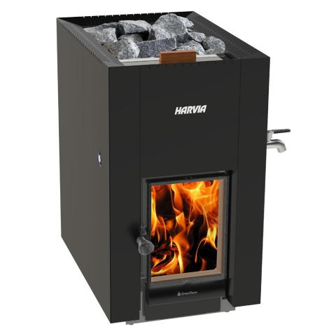 Front view of the Harvia Linear 22 GreenFlame ES 15.7kW Wood-Burning Sauna Stove with Water Tank, fire burning and water tank tap