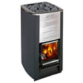 Front view of the Harvia M3 16.5kW Wood-Burning Sauna Stove with fire burning and sauna stones