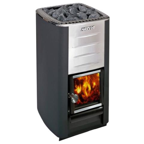 Front view of the Harvia M3 16.5kW Wood-Burning Sauna Stove with fire burning and sauna stones
